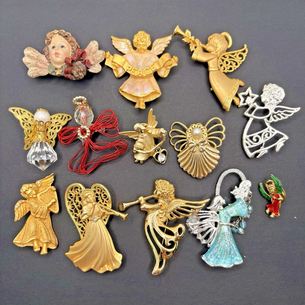 Vintage Christmas Angel Brooches Lot of 13 Holiday Retro Rhinestone Gold Tone